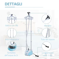 HOMCOM Stiratrice a Vapore, Ferro da Stiro Verticale da 2L, Potenza 1800W, Doppia Asta Telescopica Retrattile, 24x35x21cm, Azzurra(m-6)