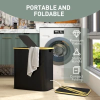 HOMCOM Double Laundry Basket With Lid, 80L Collapsible Laundry Hamper with Groove Handles, Washing Basket for Bathroom, Bedroom, Laundry Room, Black(m-6)