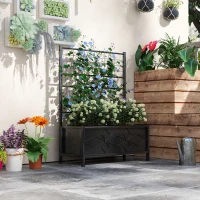 Outsunny Raised Bed for Garden with Trellis, Galvanised Planter Box with Diamond Pattern, Drainage Holes for Vegetables, Herbs and Flowers, 90 x 40 x 120 cm, Black(m-10)