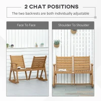 Outsunny Wooden Garden Rocking Bench with Adjustable Backrests, 2-Seater Rustic Rocking Chair Loveseat with Slatted Seat and Armrests(m-4)