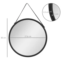 HOMCOM Espejo Decorativo de Pared 30x30 cm Espejo Redondo de Metal con Cinturón para Salón Entrada Estilo Moderno Negro(m-3)