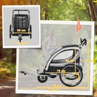 HOMCOM Kinderfahrradanhänger, Schiebewagen, mit Bremsen, klappbar, für 2 Kinder, Grau/Schwarz(m-3)