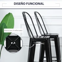 HOMCOM Juego de 4 Taburetes Altos de Cocina de Metal con Respaldo Alto y Reposapiés para Comedor 44x46x116 cm Negro(m-5)