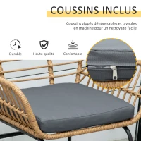 Outsunny Ensemble Bistro de Jardin 2 Places 3 pièces Style Exotique 2 fauteuils + Table Basse résine tressée Beige Acier époxy Gris(m-6)