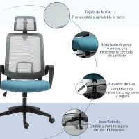 Vinsetto Silla de Oficina Ergonómica Silla Escritorio Giratoria con Altura Ajustable Soporte Lumbar Reposabrazos y Reposacabezas Regulable Malla Transpirable 63,5x63x116,5-125,5 cm Azul y Gris(m-8)