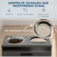 PawHut Futterstation für große Hunde, mit 2 Edelstahlnäpfen, Schublade, Futterspender für Haustiere, MDF, Stahl, Grau(m-7)