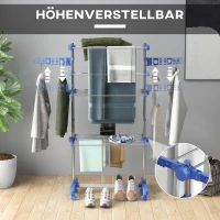 HOMCOM Wäschenständer Wäschetrockner. 4 Ebenen, klappbar, One-Klick-System, 142 cm x 55 cm x 152 cm Blau + Silber(m-4)