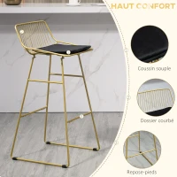 HOMCOM Lot de 2 chaises de bar design acier filaire doré avec coussin noir repose-pieds convient pour tables de 104-109 cm(m-5)