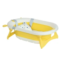 HOMCOM Foldable Baby Bathtub Set, Collapsible Bath Tub with Thermostatic Water Plug, Non-Slip Support, Cushion Pad, Drain Plugs, for Newborn to 3 Years - Yellow(m-11)
