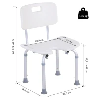 HOMCOM Taburete de Ducha Silla de Baño con Respaldo Altura Ajustable en 6 Niveles Pies Antideslizantes para Ancianos 39,5x36,5x71-83,5 cm Blanco(m-3)