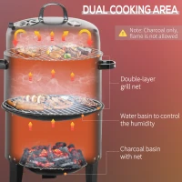 Outsunny 3-in-1 Smoker, Charcoal Barbecue Grill, Fire Pit, Portable BBQ with Thermometer for Garden Camping Outdoor Cooking(m-5)