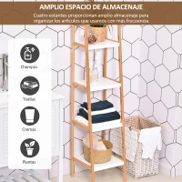 kleankin Estantería Escalera de Bambú de 4 Niveles Mueble de Almacenaje Multifuncional para Baño Salón Cocina 35x36x138,5 cm Blanco y Natural(m-4)