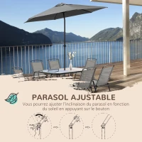 Outsunny Ensemble salon de jardin 8 pièces avec grand parasol, table dim.140L x 90l x 70H cm et chaises pliantes pour 6 personnes - métal époxy textilène polyester gris(m-6)