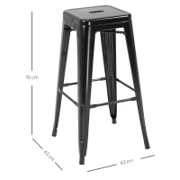 HOMCOM Conjunto de 4 Taburetes de Bar Estilo Industrial Apilables y con Reposapiés Aptos para Interiores y Exteriores 43x43x76 cm Carga Hasta 120kg Negro(m-3)