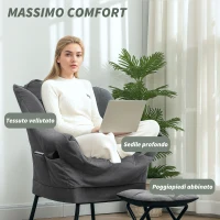 HOMCOM Poltrona Moderna con Poggiapiedi e 2 Tasche Laterali, in Tessuto Effetto Velluto e Acciaio, 80x78x100 cm, Grigio(m-4)