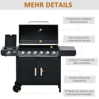 Outsunny Gasgrill mit 7 Brennern, inkl. Thermometer,  BBQ -Grill, mobiler Grill, Schwarz(m-7)