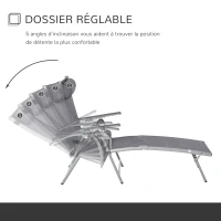 Outsunny Bain de soleil transat pliable dossier inclinable multi-positions têtière fournie alu. textilène gris(m-5)