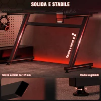 HOMCOM Scrivania da Gaming in Legno e Acciaio con Passacavi, Scrivania per Computer Portabicchieri e Gancio per Cuffie, Nero,120x65x74.5cm(m-7)