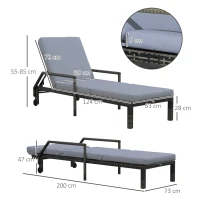 Outsunny Outdoor PE Rattan Sun Lounger, 5-Level Adjustable Backrest Wicker Outdoor Chaise Recliner, Garden Chair with 2 Wheels, Mixed Grey(m-3)