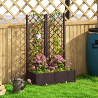 Outsunny Raised Garden Bed with Trellis, Plastic Planter Box with Drainage Holes, Drain Plugs and Water Reservoirs for Climbing Plants, Vegetables, Flowers, Brown(m-8)