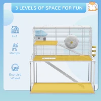 PawHut Gerbil Cage, Dwarf Hamster Cage w/ Deep Glass Bottom, Ramps, Platforms, Hut, Exercise Wheels, Water Bottle - White(m-4)