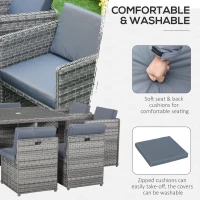 Outsunny 8 Seater Rattan Cube Garden Furniture Set with Parasol Hole, Rattan Dining Set with Cushions, Outdoor Dining Table and Chairs with Square Glass Top Table for Patio, Balcony, Mixed Grey(m-6)