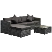 Outsunny 6 Pieces Rattan Garden Furniture Set, 5 Seater Sectional Garden Corner Sofa Set with Glass Top Coffee Table, Cushions and Pillows, All-Weather Wicker Conversation Furniture, Grey(m-11)