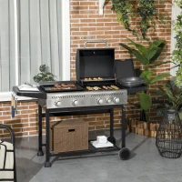 Outsunny 12kW Deluxe Duo Gas BBQ, with Grill, Plancha and Side Burner - Black(m-2)
