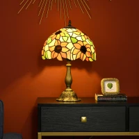 HOMCOM Stained Glass Table Lamp, Handmade Antique Bedside Lamp for Bedroom, Living room, Home, Nightstand, Decorative Night Light, Orange Sunflower(m-2)