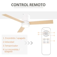 HOMCOM Ventilador de Techo Motor AC 48W con Luz LED Mando a Distancia 3 Velocidades y 3 Aspas de Madera Ø112x25 cm Blanco(m-7)