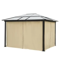 Outsunny 3 x 3.6(m) Hardtop Gazebo Canopy with Polycarbonate Roof and Aluminium Frame, Garden Pavilion with Mosquito Netting and Curtains, Brown(m-12)