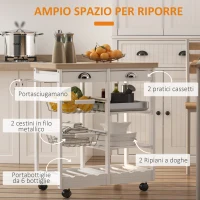 HOMCOM Carrello da Cucina Multiuso con 2 Cassetti, 2 Ripiani e 2 Cesti, in Legno di Pino, 74x37x76 cm, Bianco(m-4)