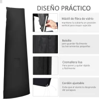 Outsunny Funda para Sombrilla de Jardín Impermeable de Tela Oxford 300D con Cremallera y Varilla de Soporte 240x48/70 cm Negro(m-5)