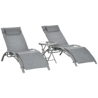 Outsunny Set 2 Lettini Prendisole Reclinabili su 4 Livelli e Tavolino Pieghevole, Grigio(m-1)