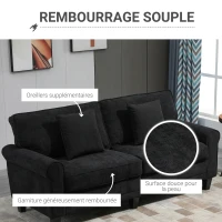 HOMCOM Canapé 3 places en tissu velours côtelé 197 cm  avec accoudoirs et dossier rembourrées 2 oreillers noir(m-4)