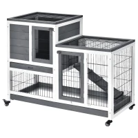 PawHut Clapier à lapin sur roulettes cage à lapin intérieur extérieur 2 étages 2 portes verrouillables 2 plateaux coulissants rampe bois de sapin gris blanc(m-11)
