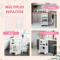HOMCOM Torre de Aprendizaje para Niños Taburete Infantil con Altura Ajustable en 3 Posiciones y Plataforma Antideslizante para Cocina Comedor Baño 47x47x90 cm Blanco(m-6)