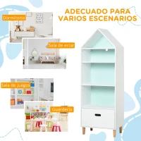 HOMCOM Estantería Infantil Librería de Madera para Niños para Libros Juguetes DVDs con 4 Estantes 1 Cajón Tablero de 2 Colores Diseño Compacto 50x30x142 cm Blanco(m-7)