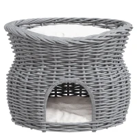 PawHut 2-Tier Wicker Cat House Elevated Pet Bed Basket Willow Kitten Tower Pet Den. with Washable Cushions 56x37x40cm Grey(m-7)