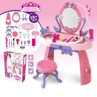 HOMCOM Kids Pretend Vanity Table Stool Beauty Pretend Princess Dressing Table Play Set with Mirror Lights Music & Makeup Accessories for Girls 3 Years Old Pink(m-10)