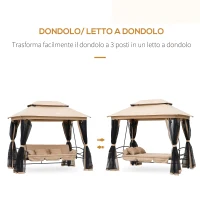 Outsunny Dondolo da Giardino 3 Posti Lettino e Gazebo Design 3 in 1 con Tettuccio, 256x172x248cm, Beige(m-4)