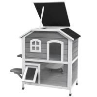 PawHut Katzenhaus aus Holz 2-Etagen Winterfest wasserdicht Katzenhütte mit Asphaltdach klappbarem Deckel Treppe Katzenhöhle Outdoor Schutzhütte für Draußen Garten Balkon 78 x 55,5 x 91 cm Grau(m-10)