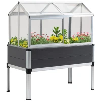 Outsunny Jardinière sur Pieds avec Serre de Jardin en Panneau Polycarbonate jardinière surélevée rectangulaire extérieur de Jardin toits ouvrables Portes coulissantes alu. 113,5 x 61 x 128,5 cm Gris(m-1)