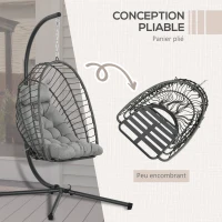 Outsunny Fauteuil suspendu de jardin chaise hamac résine tressée panier pliable avec matelas support en métal et appui-tête gris(m-4)