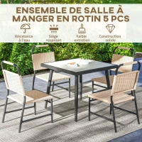 Outsunny Ensemble table carrée et 4 chaises de jardin, 5 pièces, plateau verre trempée, résine tressée effet rotin(m-4)