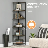 HOMCOM Étagère d'angle à 5 niveaux bibliothèque d'angle cadre métallique style industriel - 34 x 34 x 166 cm marron noir(m-6)