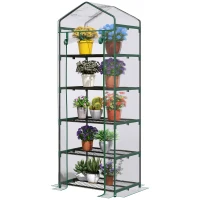 Outsunny 5 Tier Mini Greenhouse, Small Walk-in Greenhouse with Reinforced Plastic Cover, Garden Grow House with Roll Up Door and Shelves, 69 x 49 x 193cm, Green(m-13)