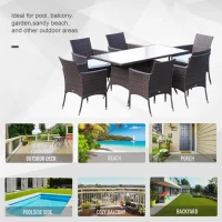 Outsunny 6 Seater Rattan Dining Set with Cushions, Rattan Garden Furniture Set with 6 Armchairs, Rectangular Glass Top Table, Outdoor Dining Table and Chairs, Brown(m-7)