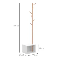 HOMCOM Garderobenständer Kleiderhaken Garderobe mit Sitzbank Stauraum Baum-Design Zweige 6 Haken Bambus Weiß Natur 40 x 30 x 180 cm(m-3)