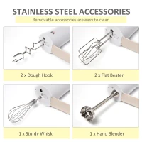HOMCOM 5-In-1 Hand Mixer 500W Electric Whisk Five Speed w/ Stainless Steel Dough Hook Beater Blender Chopper for Kitchen Baking - White(m-4)